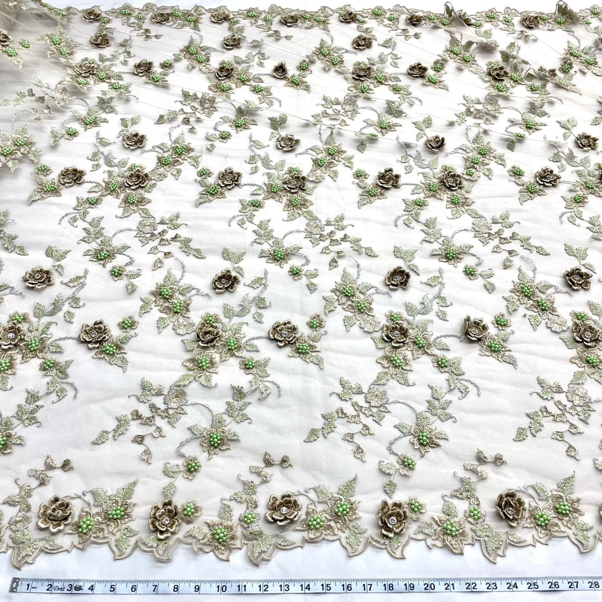 1 Yard Aqua Beaded 3D Floral Lace Fabric Embroidered on Polyester Net Mesh 54 inch Width