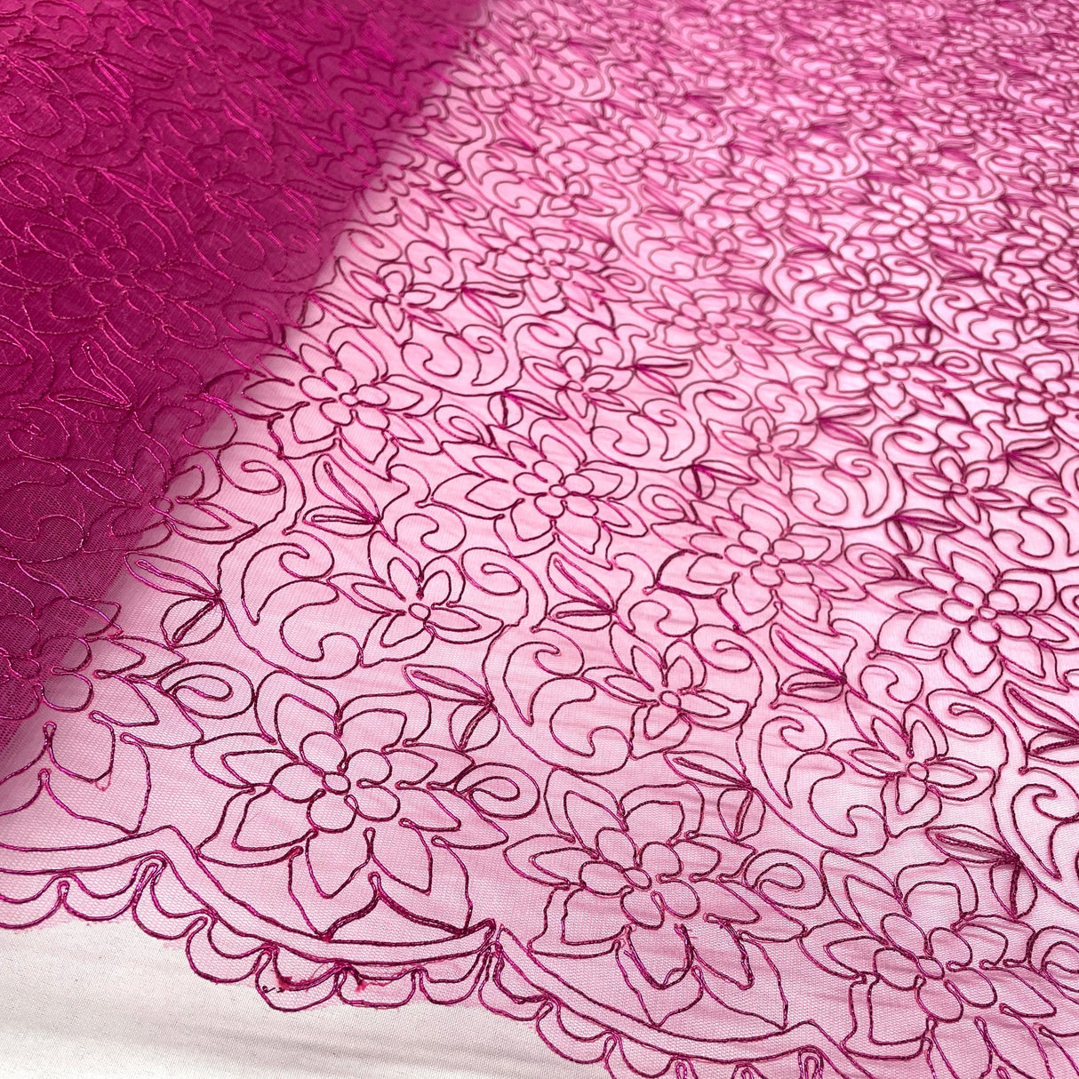 1 Yard Fuchsia Corded Bridal Lace Fabric Embroidered Polyester Net Mesh 54 Inch Width
