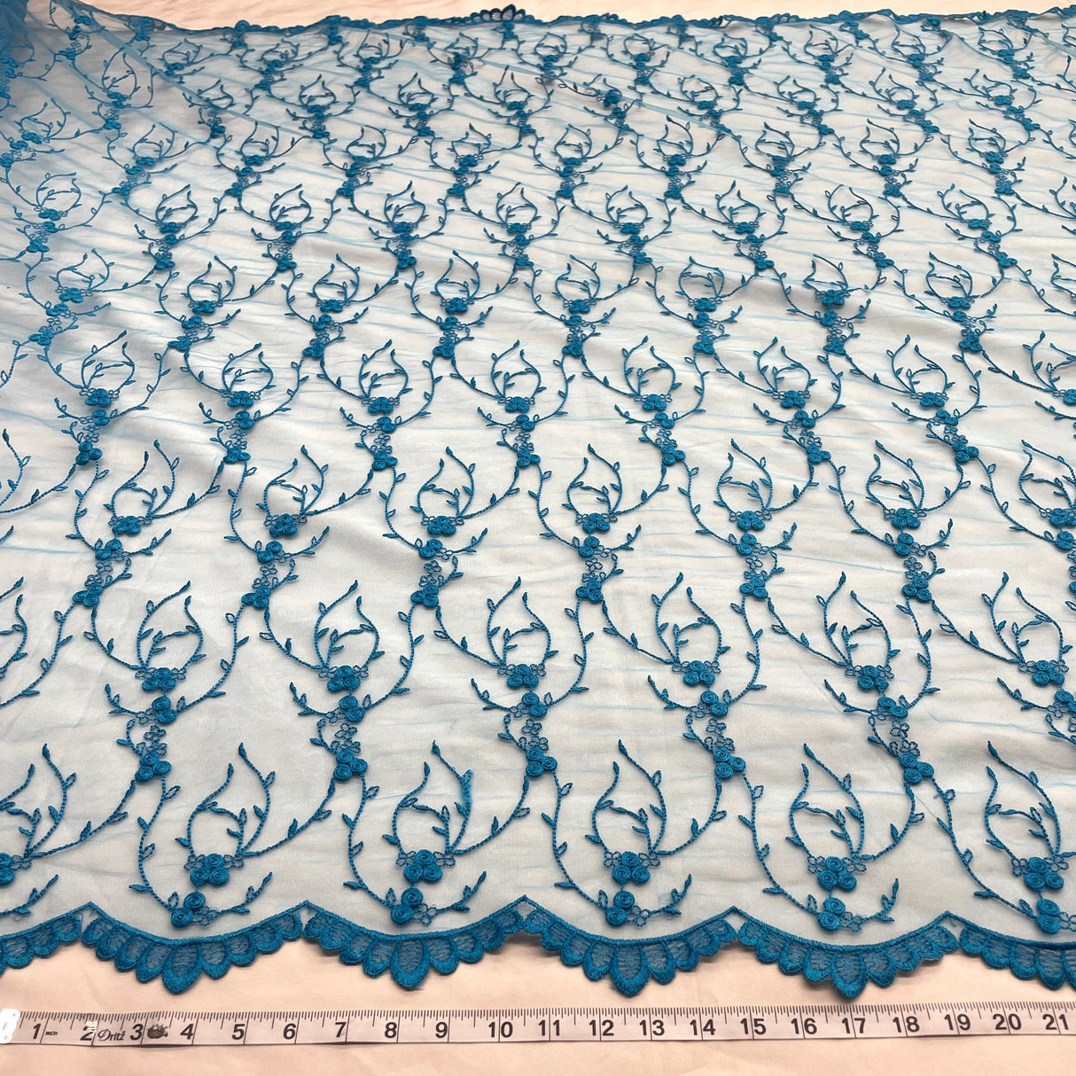 1 Yard Turquoise Lace Fabric Embroidered on Polyester Net Mesh Elegant 52 Inch Width