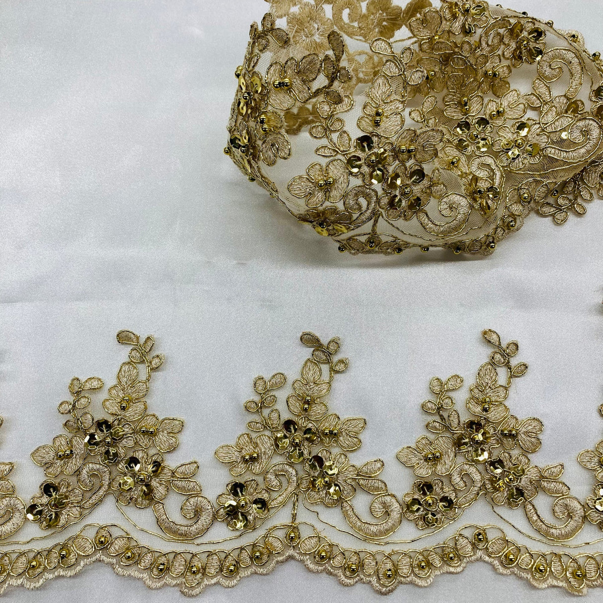 1 Yard Beaded & Corded Embroidered Lace Trim 4.5" Wide 100% Polyester Net Mesh for Bridal & Special Occasion