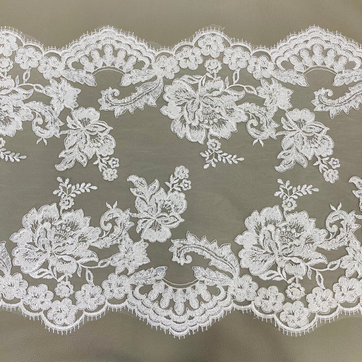 1 Yard Double Sided Beaded Floral Lace Trimming Corded Embroidered on 100% Polyester Net Mesh 17.5" Wide