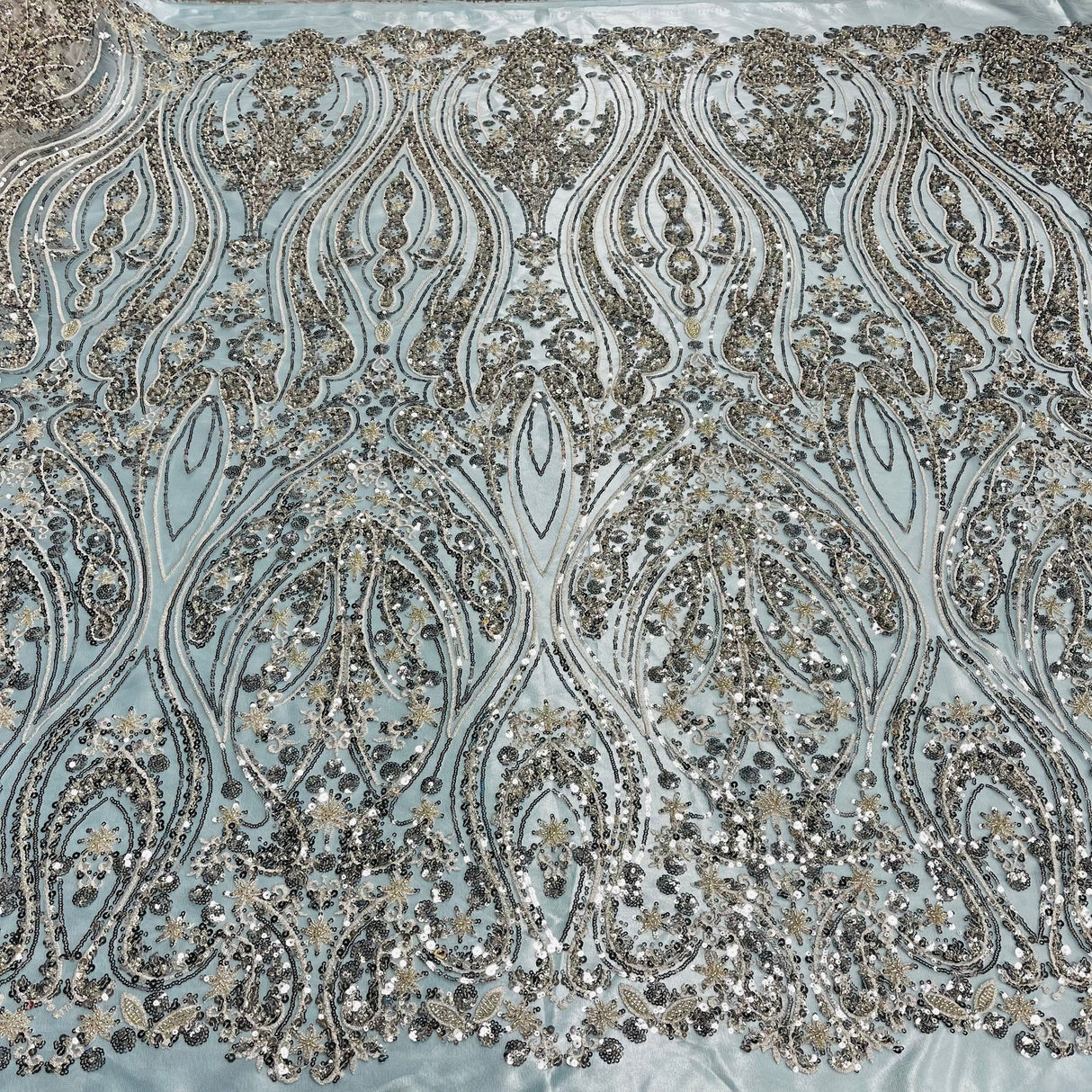 1 Yard Beaded Lace Fabric on Polyester Net Mesh, Embroidered Lace Fabric, 54" Wide, Elegant Textile for Dressmaking & Crafts