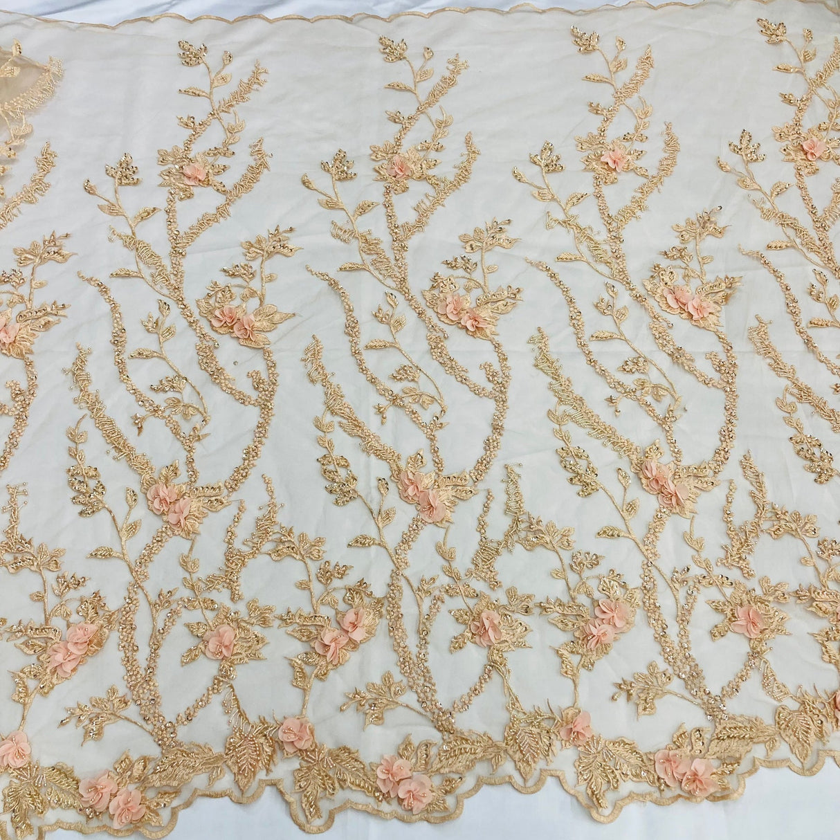 1 Yard Blush Beaded 3D Floral Lace Fabric Embroidered on Polyester Net Mesh 48 inch Width