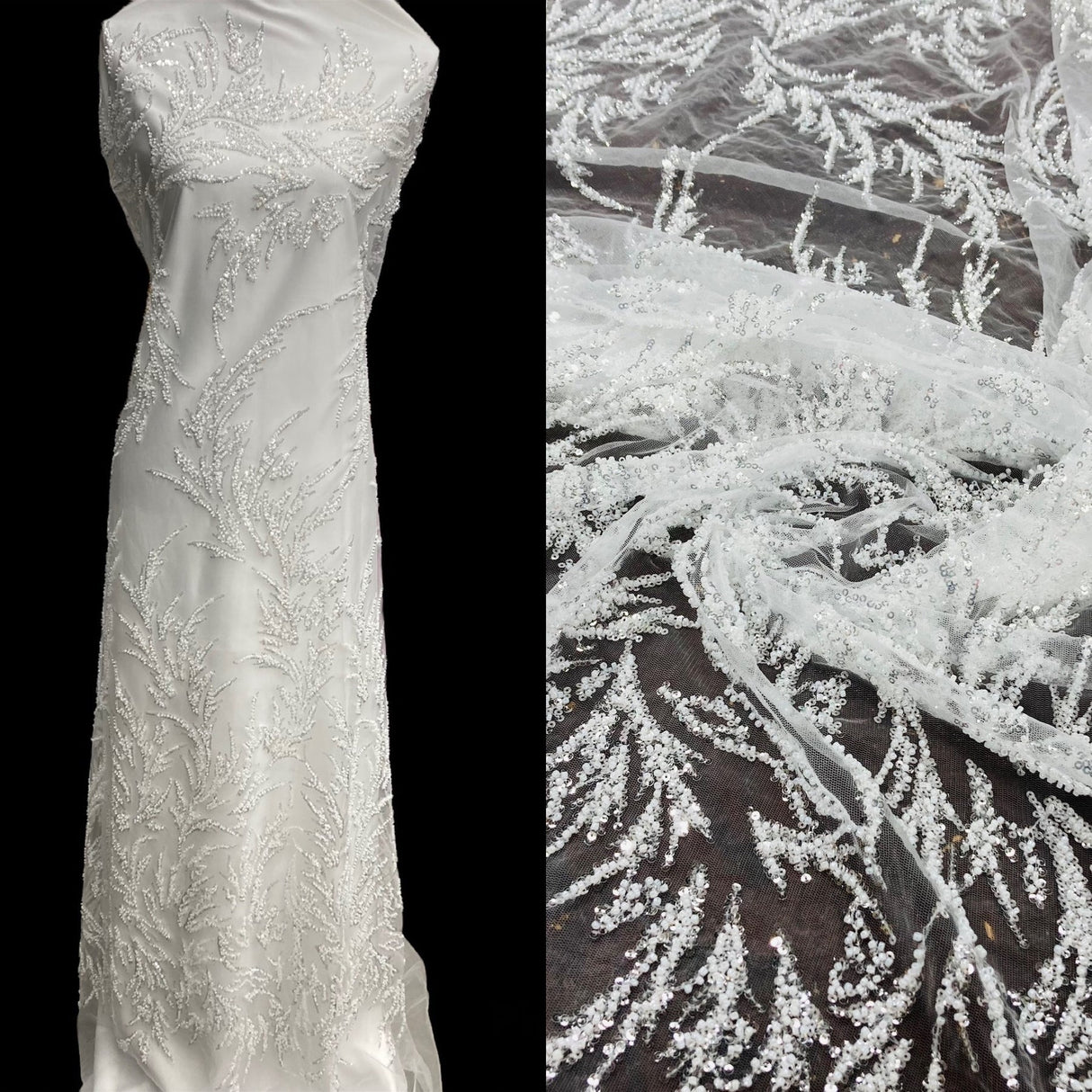 1 Yard Beaded Lace Fabric, 54" Wide Embroidered Polyester Net Mesh with Sequins & Pearls for Bridal, Evening & Quinceañera Dresses