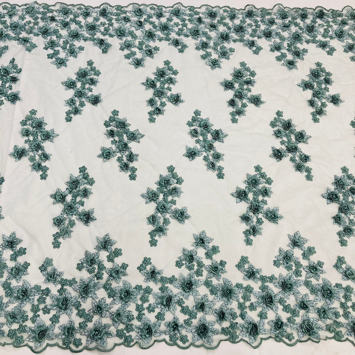 1 Yard Enchanting Pistachio Beaded 3D Floral Lace Fabric on Net Mesh 50 inch Width