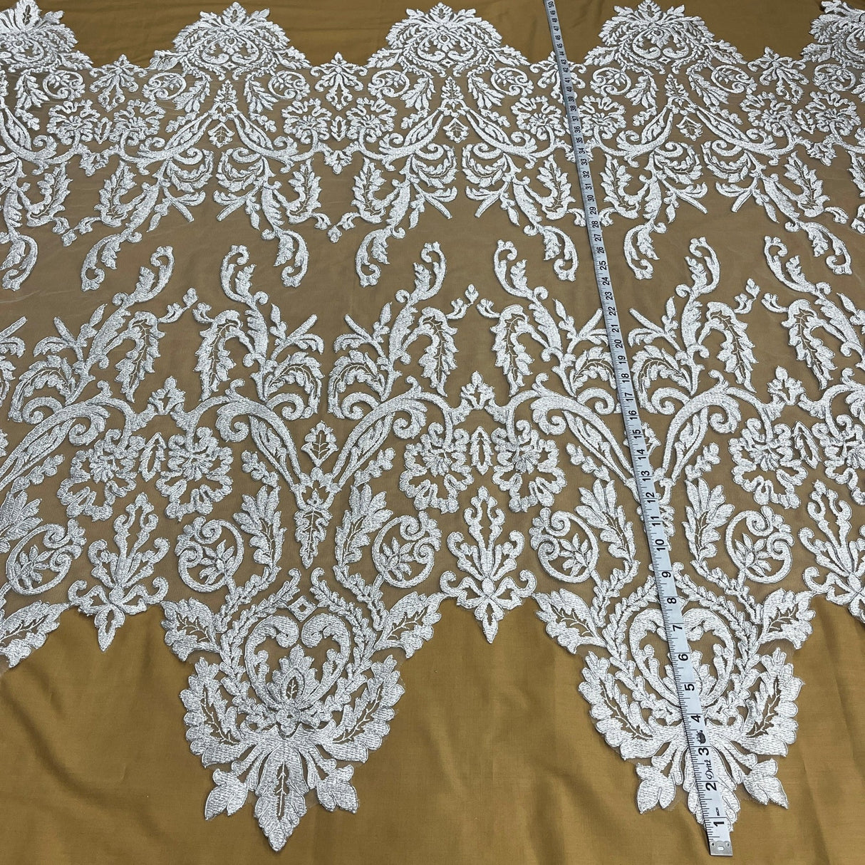 1 Yard White Corded Bridal Lace Fabric Embroidered on Polyester Net Mesh 52 inch Width