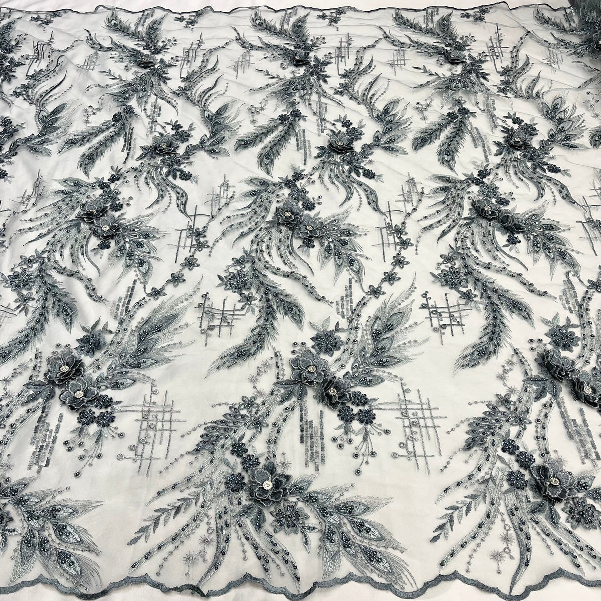 1 Yard Beaded Rhinestone 3D Floral Lace Fabric for Bridal Gowns Costumes Dresses 50" Width