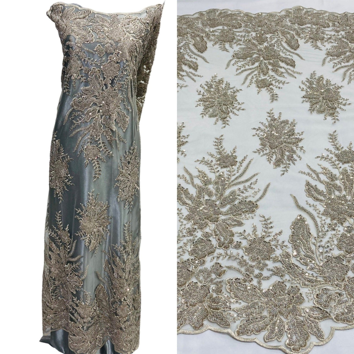 1 Yard Beaded Lace Fabric Embroidered on Polyester Net Mesh, Blush, 48" Width,