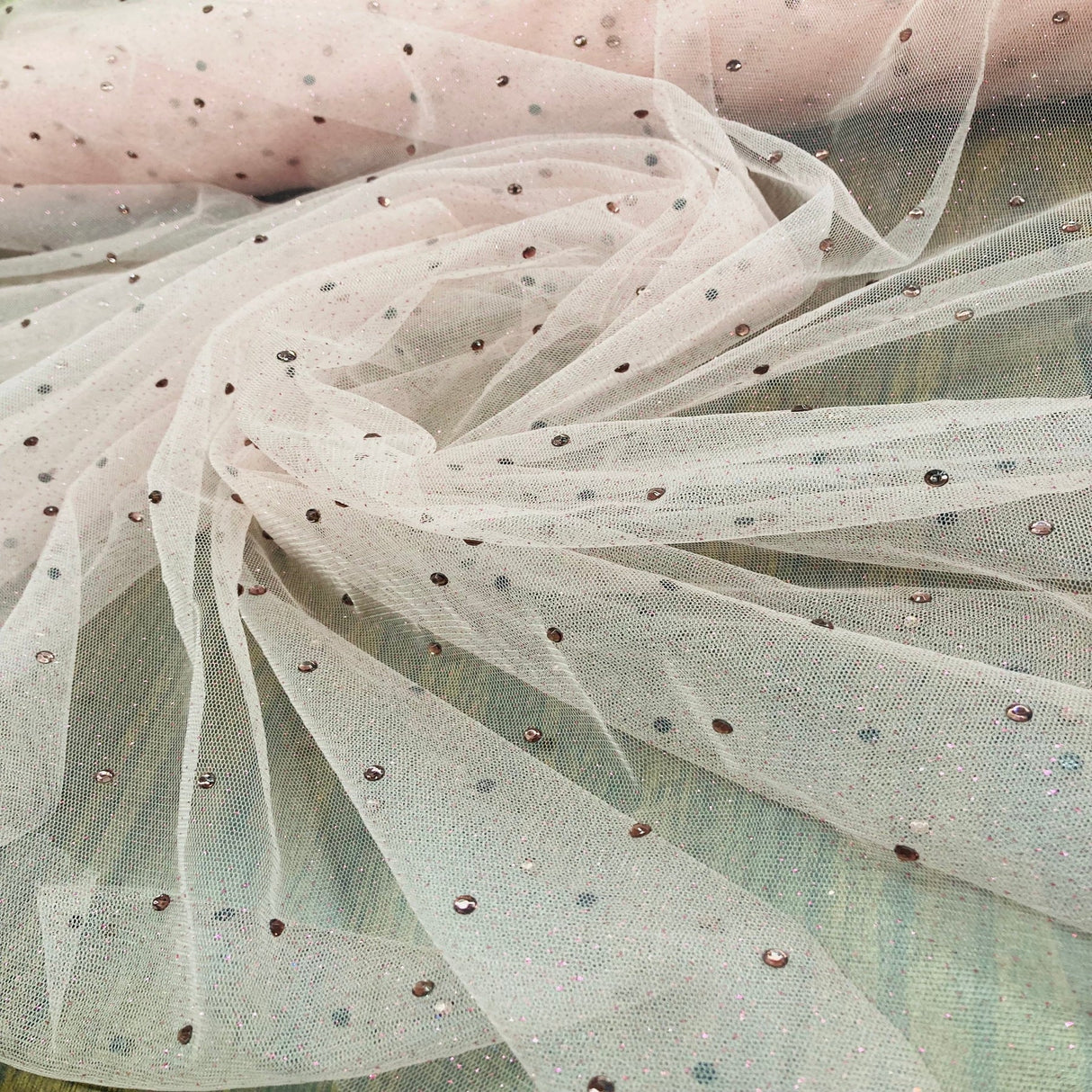 1 Yard Champagne Glitter Mesh Fabric with Scattered Rhinestones Stretch 60 Inch Width