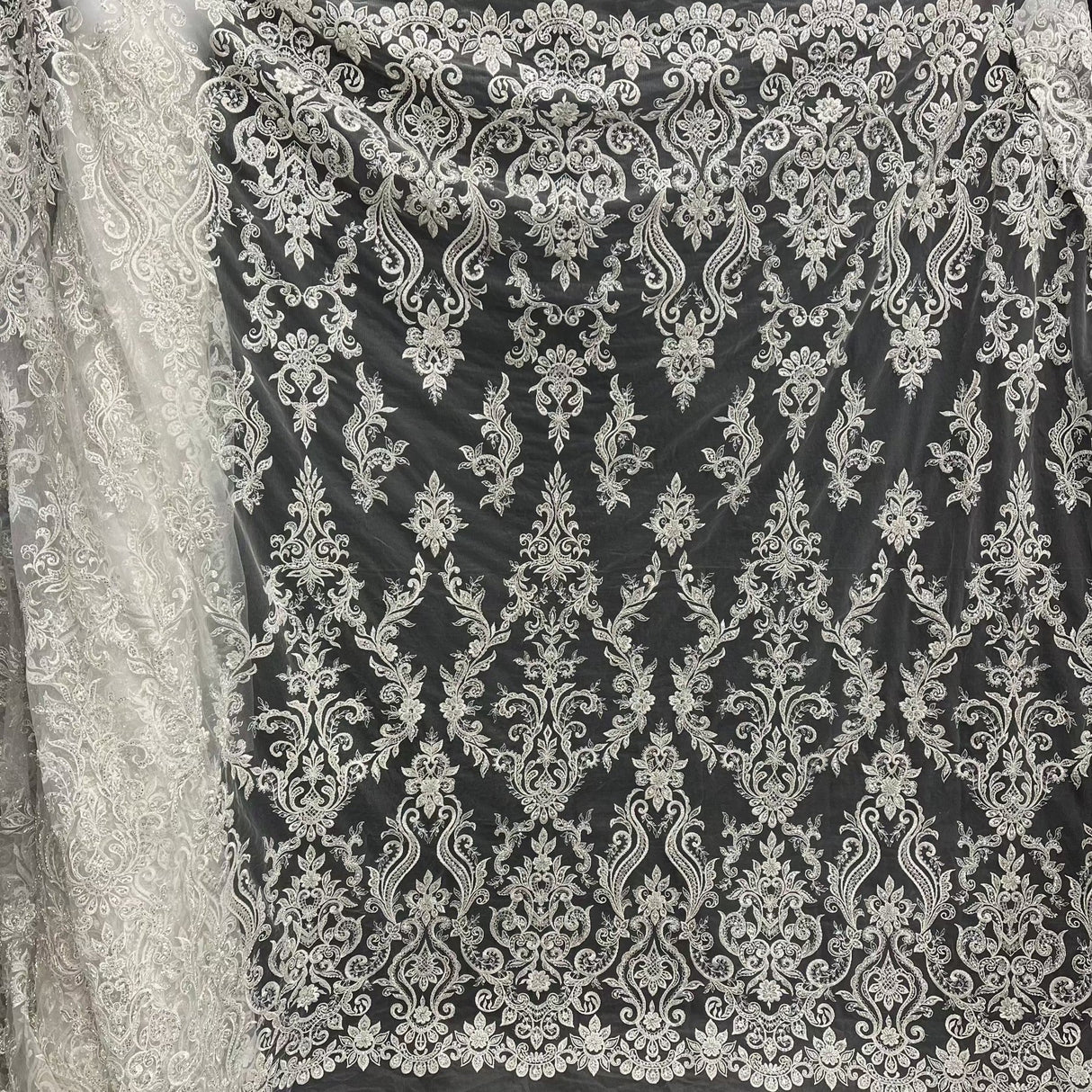 1 Yard Beaded & Sequined Lace Fabric on Polyester Net Mesh, 55" Wide Bridal & Evening Fabric