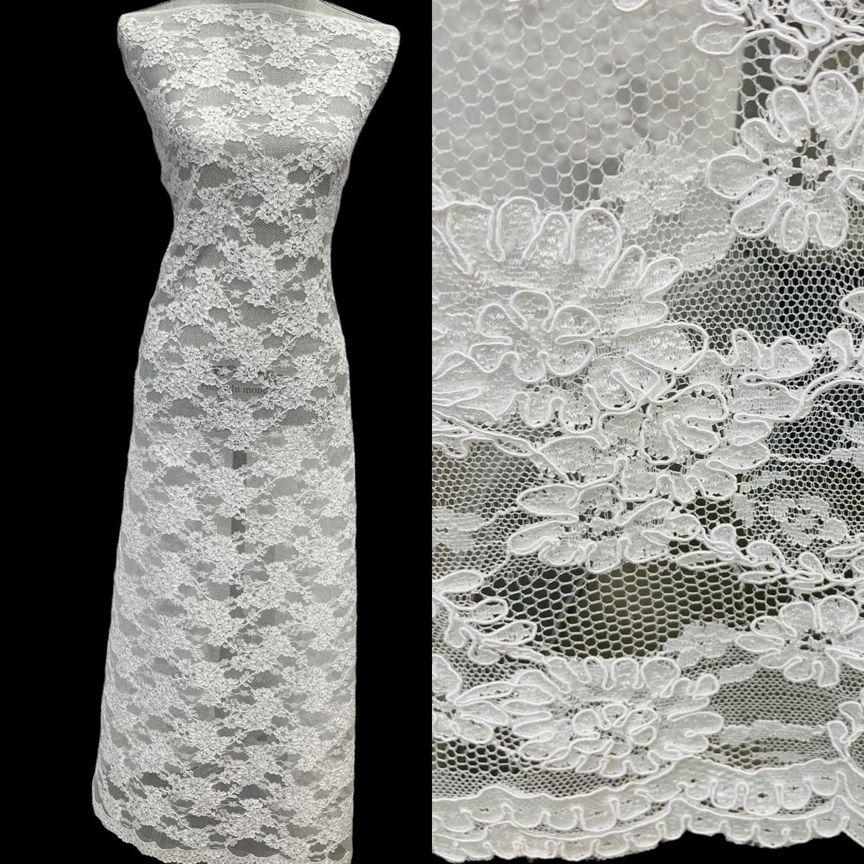 1 Yard Corded Bridal Lace Fabric Embroidered on Net Mesh 54" Width