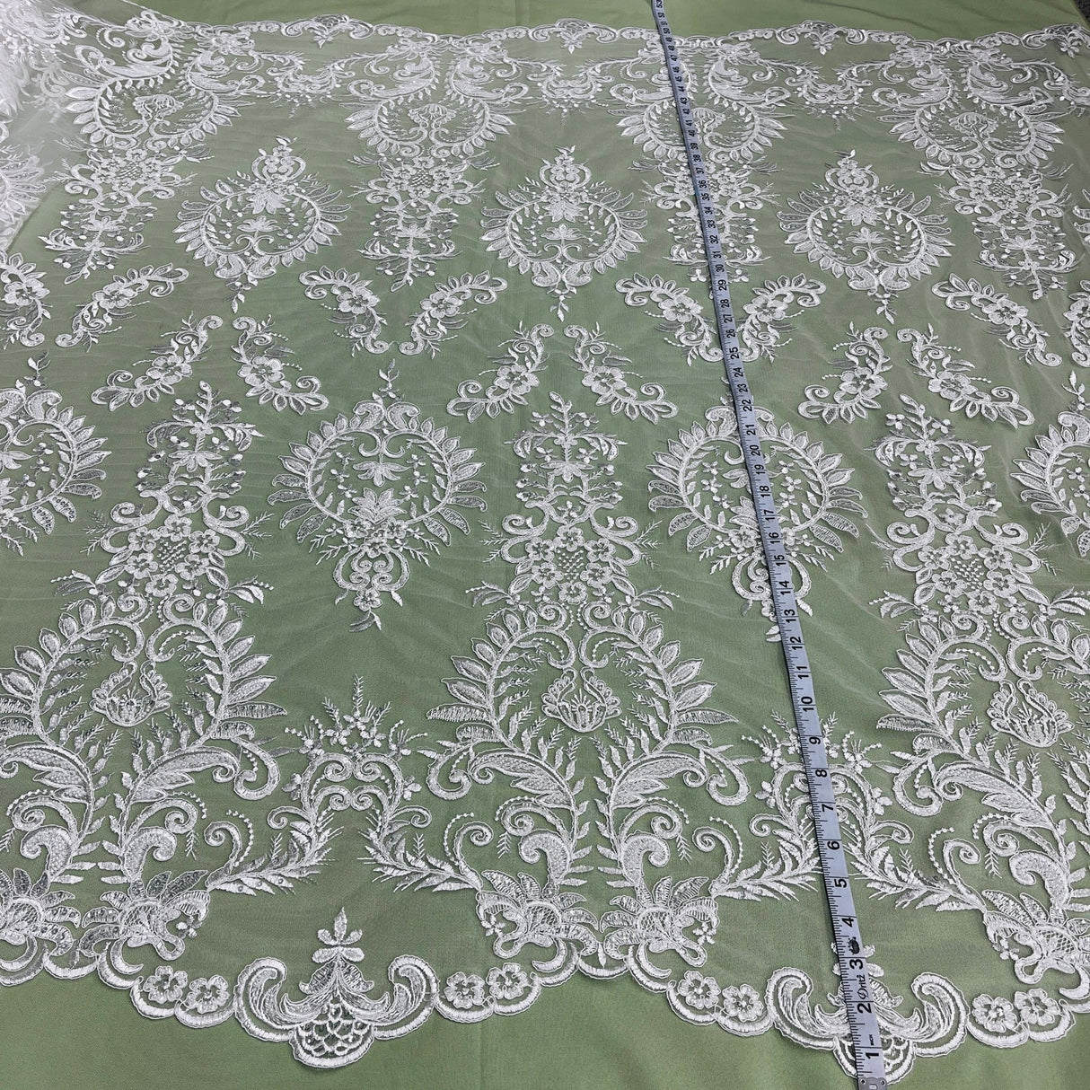 1 Yard Gold Beaded & Corded Bridal Lace Fabric, Embroidered on 100% Polyester Mesh, 52” Width