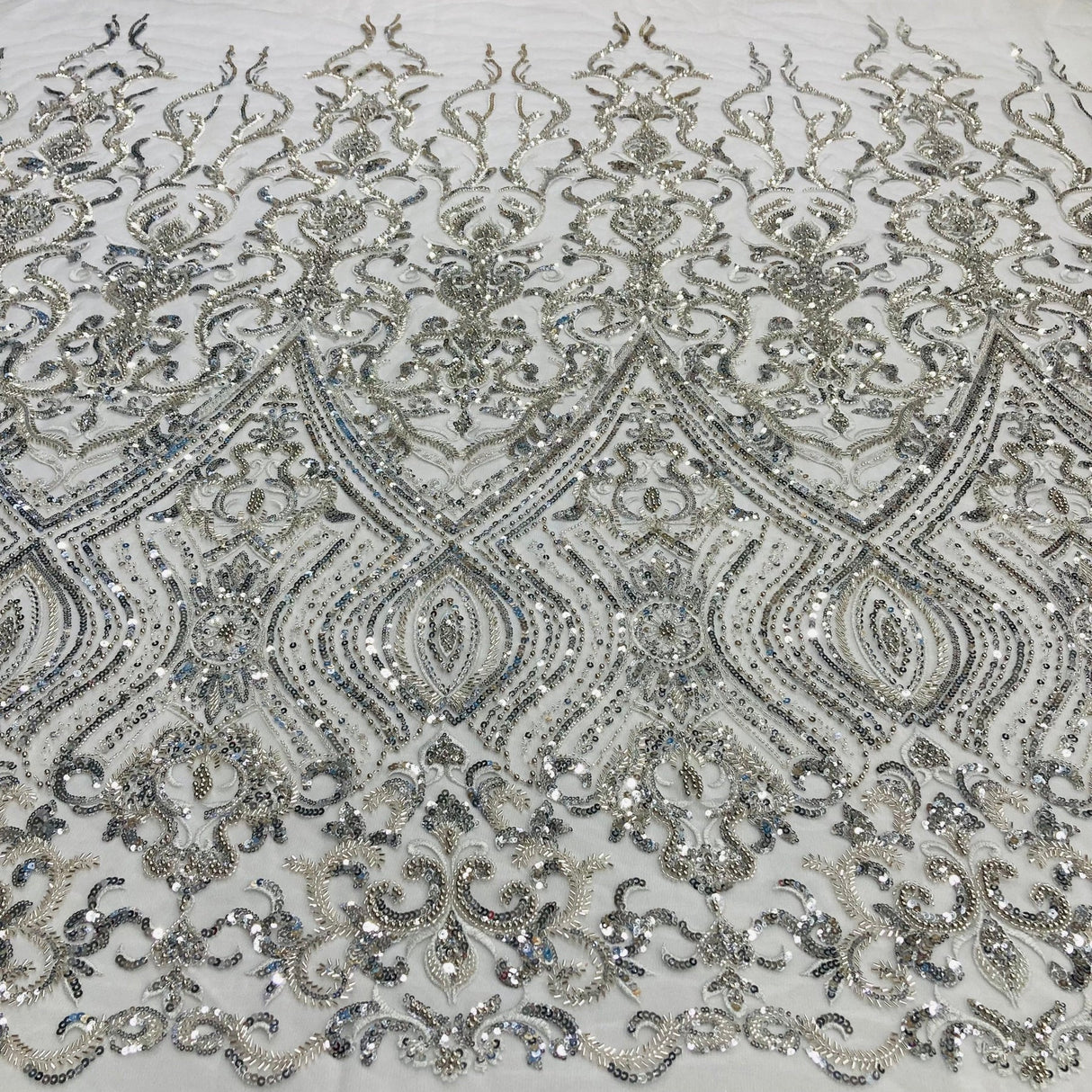 1 Yard Beaded Lace with Sequins & Pearls 52″ Wide Embroidered Polyester Net Mesh for Bridal & Formal Gowns