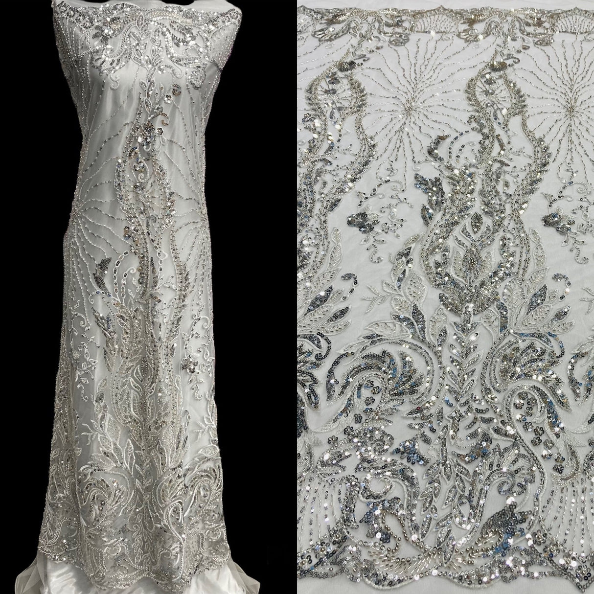 1 Yard Beaded Lace Fabric, 51" Wide Embroidered Polyester Net Mesh for Bridal, Evening & Quinceañera Dresses