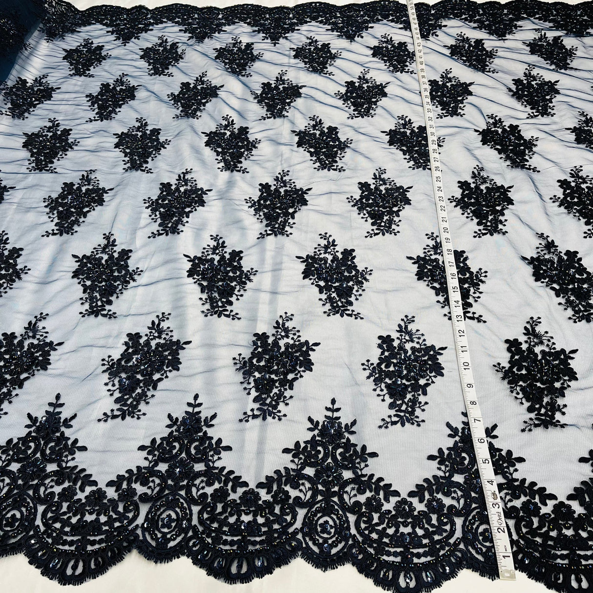 1 Yard Elegant Champagne Beaded Corded Lace Fabric on Net Mesh 56 inch Width