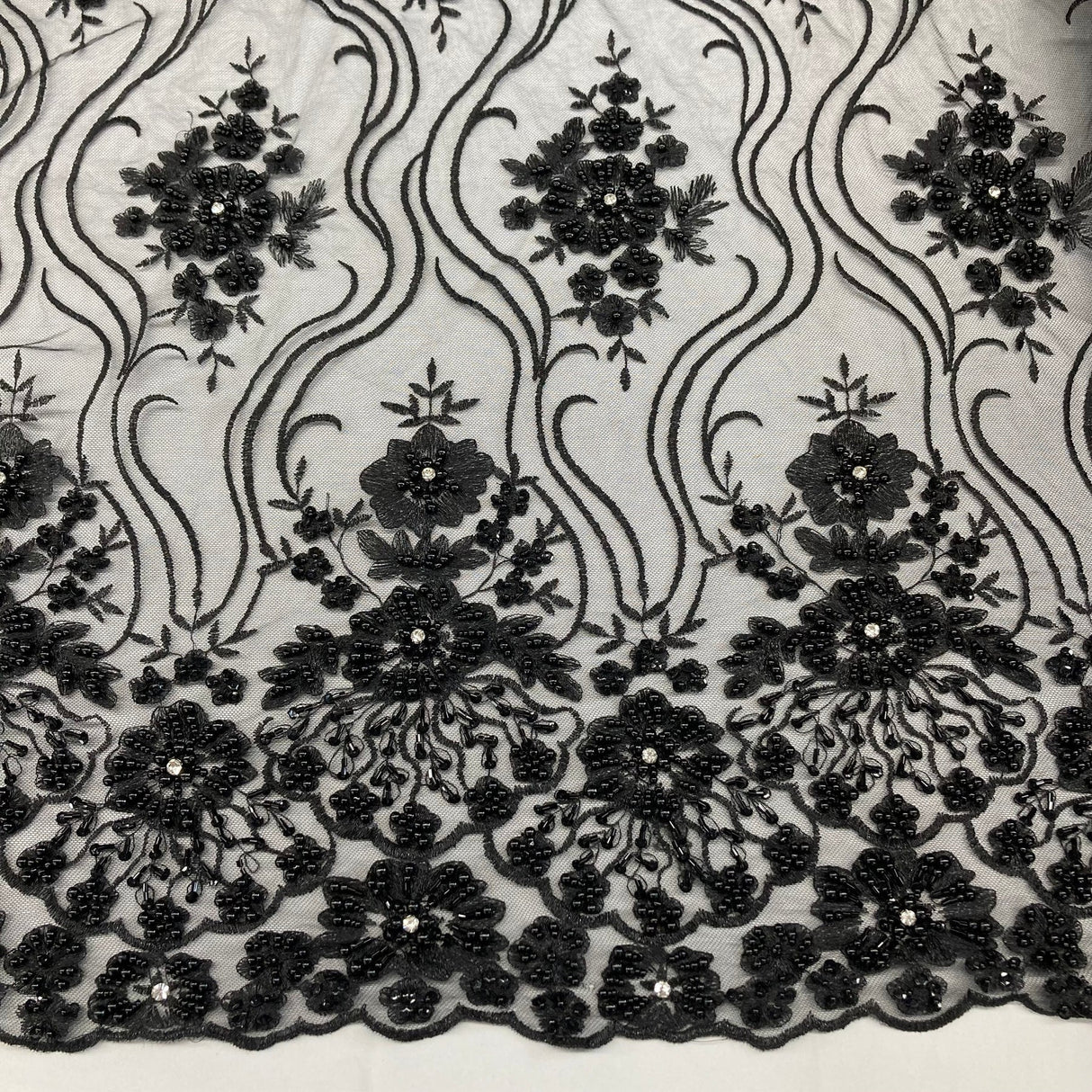 1 Yard Elegant Beaded Lace Fabric Embroidered on Polyester Net Mesh 51 inch Width