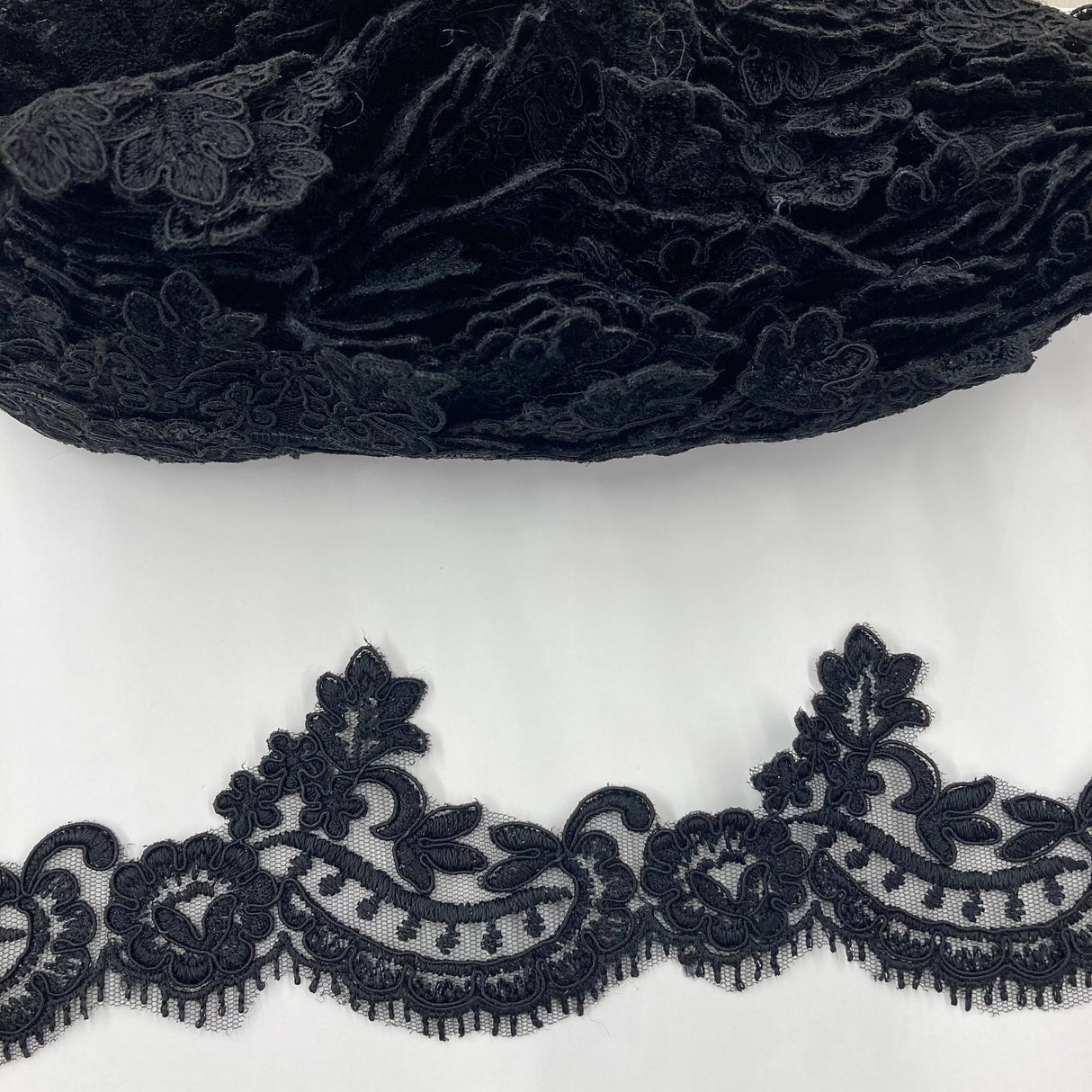 1 Yard Corded Lace Trimming on Net Mesh – 3" Wide | Handmade Embroidered Trim for Dresses & Gowns