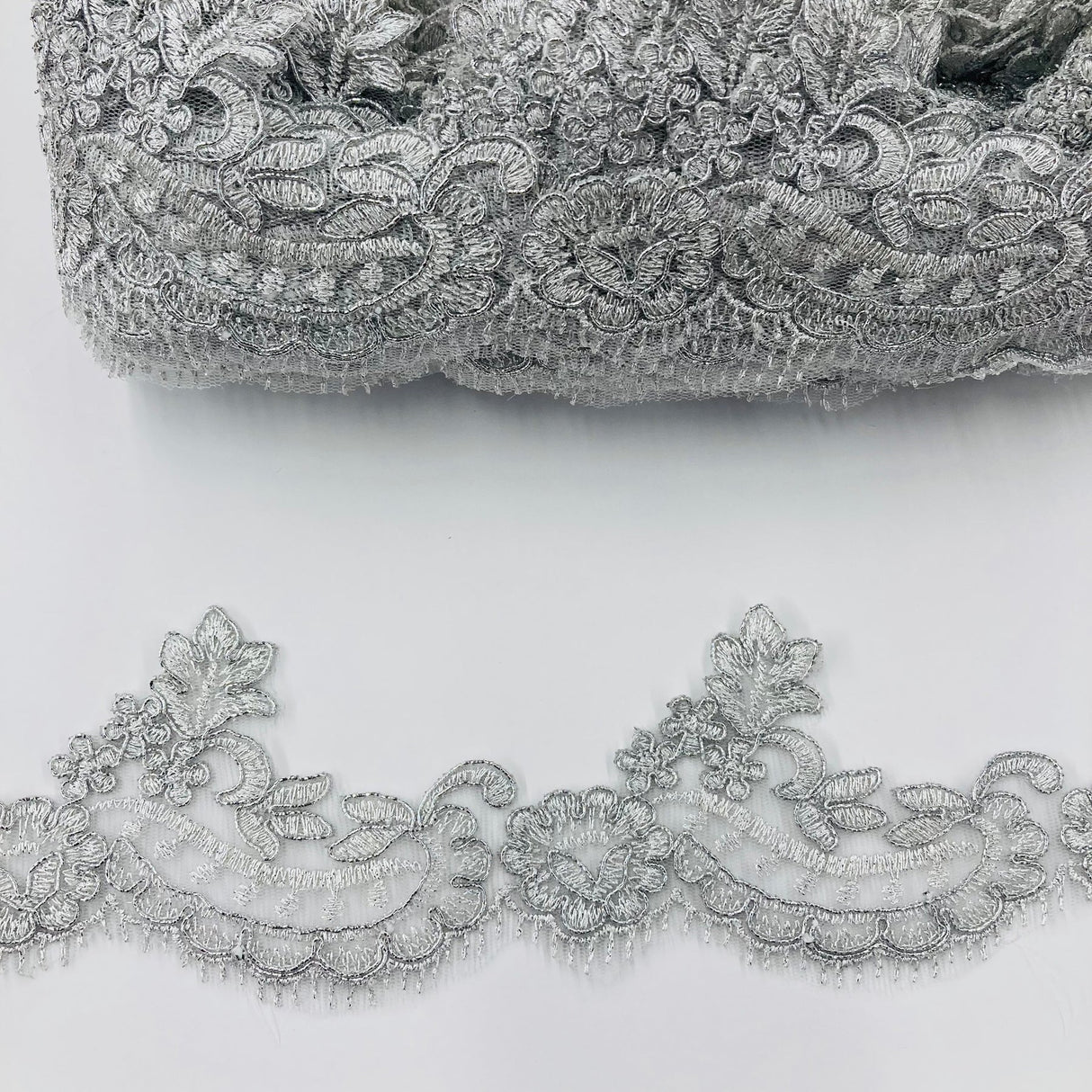 1 Yard Corded Lace Trimming on Net Mesh – 3" Wide | Handmade Embroidered Trim for Dresses & Gowns