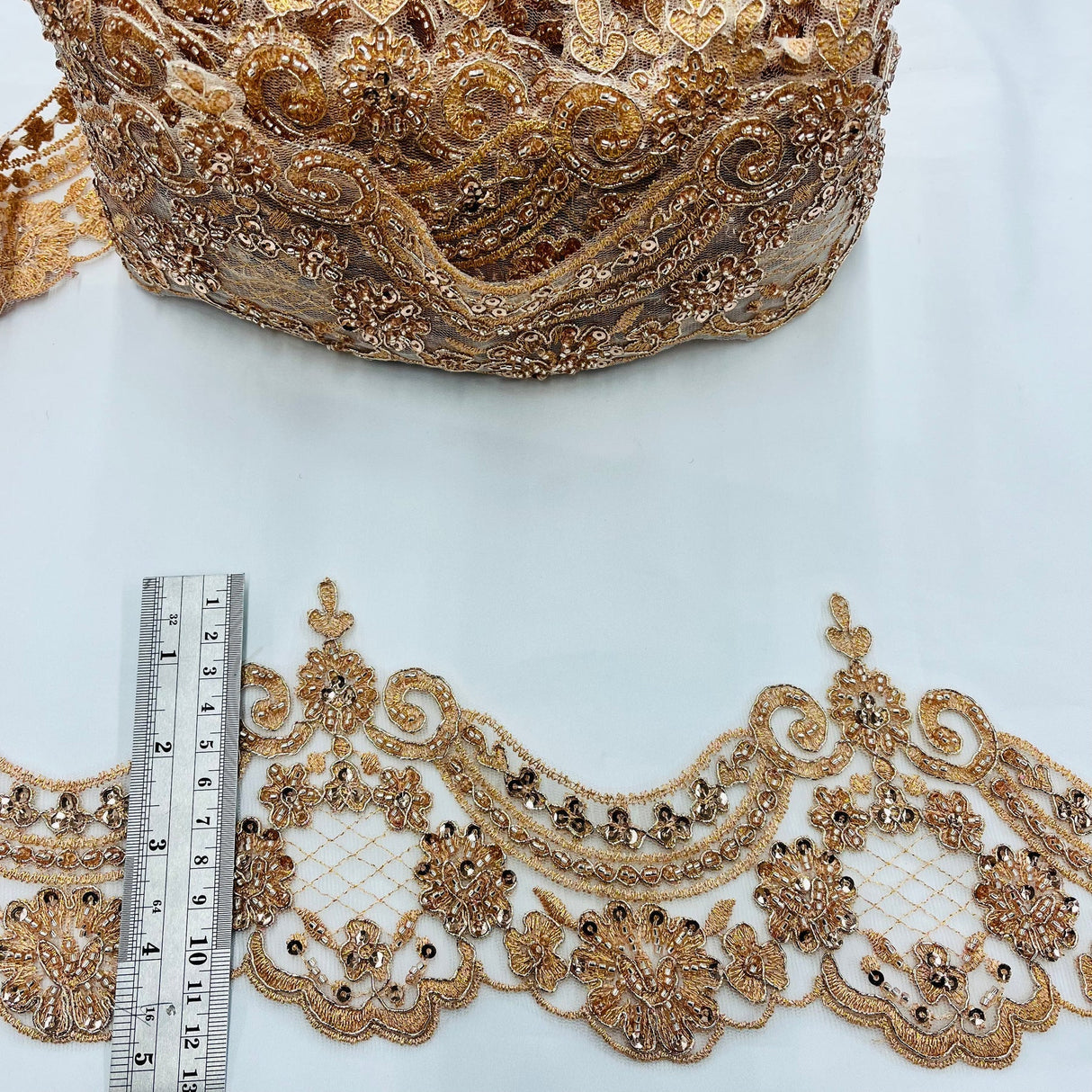 1 Yard 5″ Wide Beaded & Corded Lace Trimming Embroidered on 100% Polyester Net Mesh