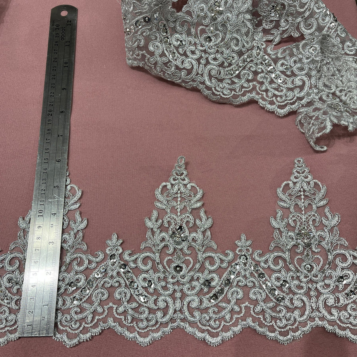 1 Yard Embroidered on 100% Polyester Organza 6″ Wide Beaded & Corded Lace Trimming