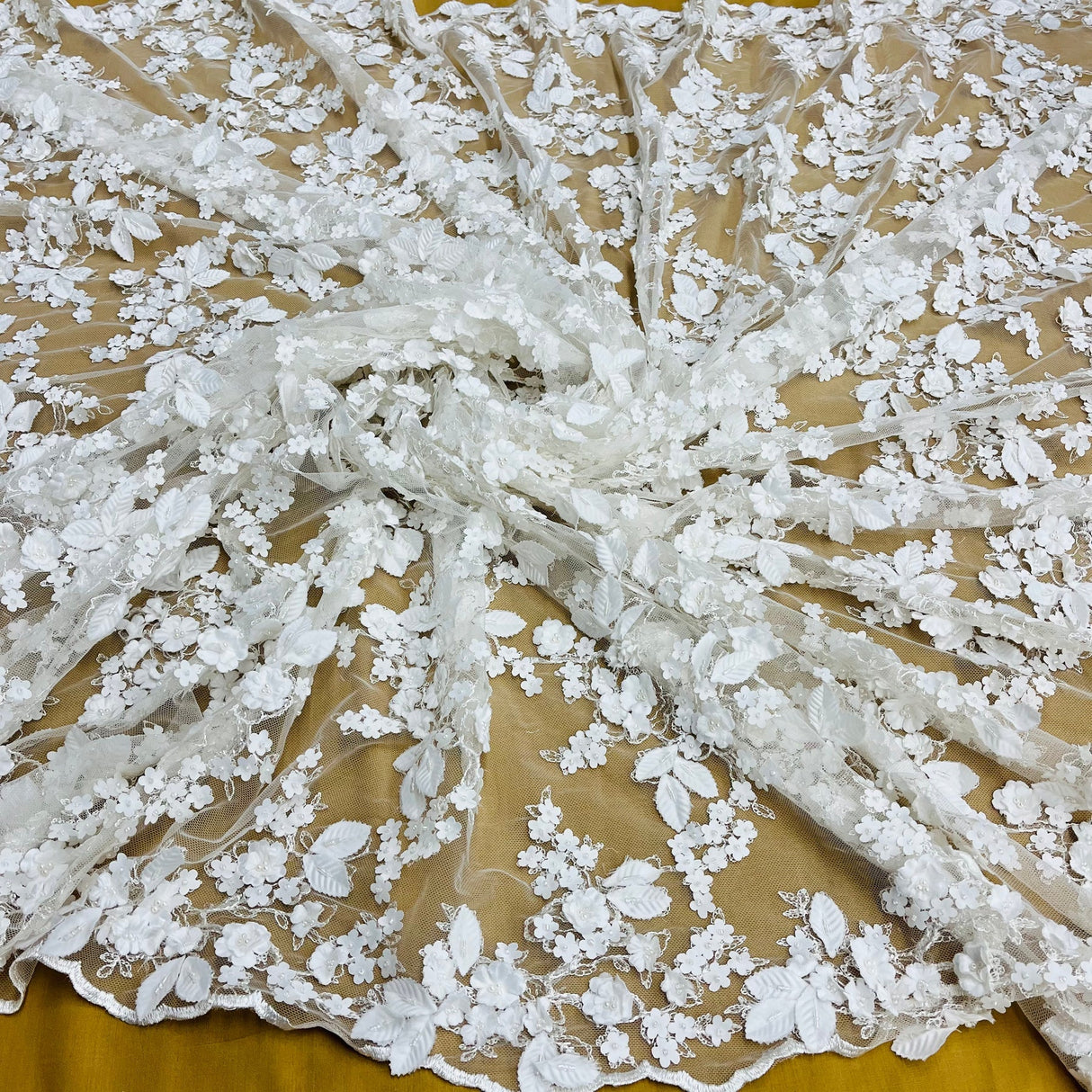 1 Yard Beaded 3D Floral Lace Fabric on Polyester Net Mesh, Off White, 44" Wide, Embroidered Lace Material