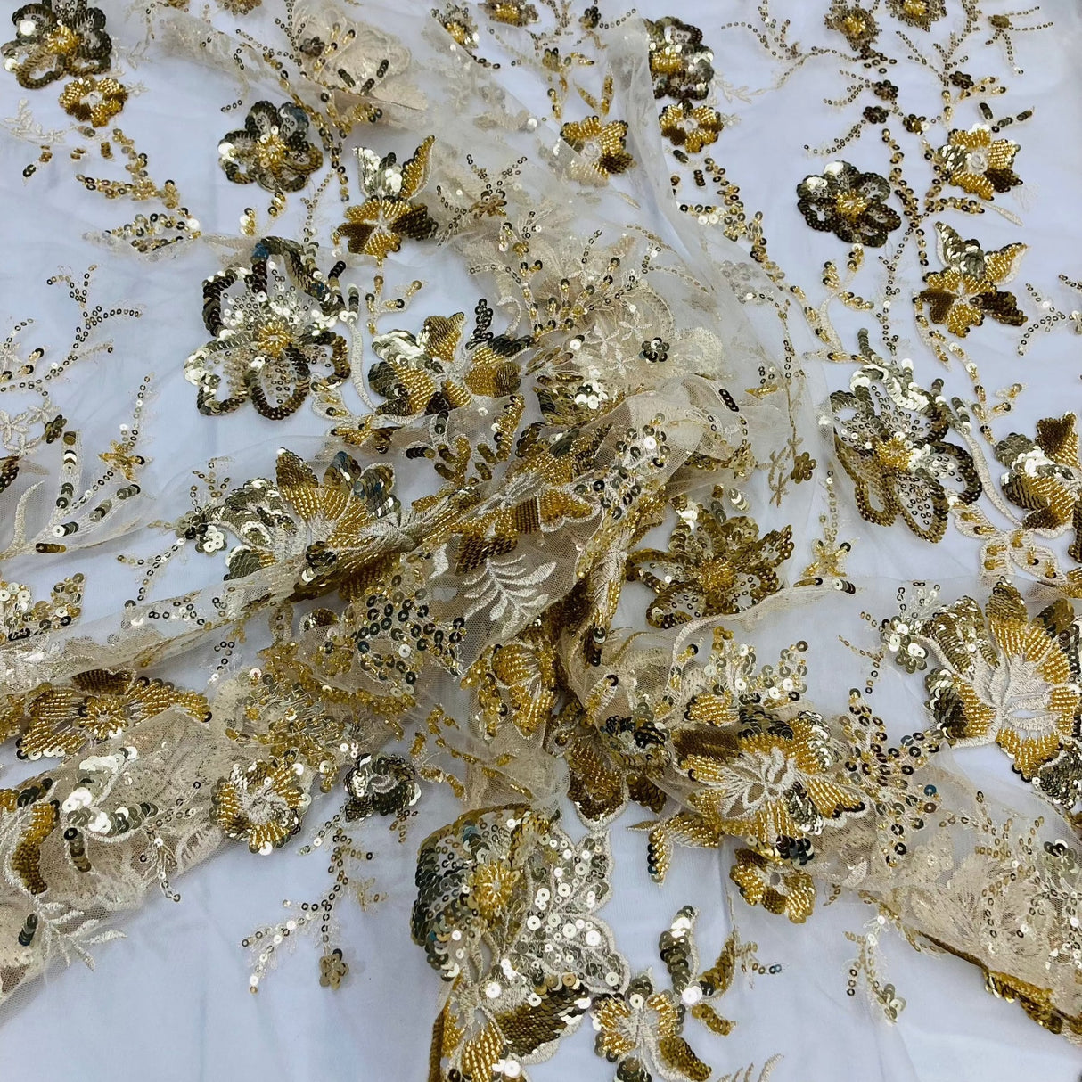 1 Yard Ivory Gold Beaded & Sequined Embroidered Lace Fabric on Polyester Mesh 48" Width