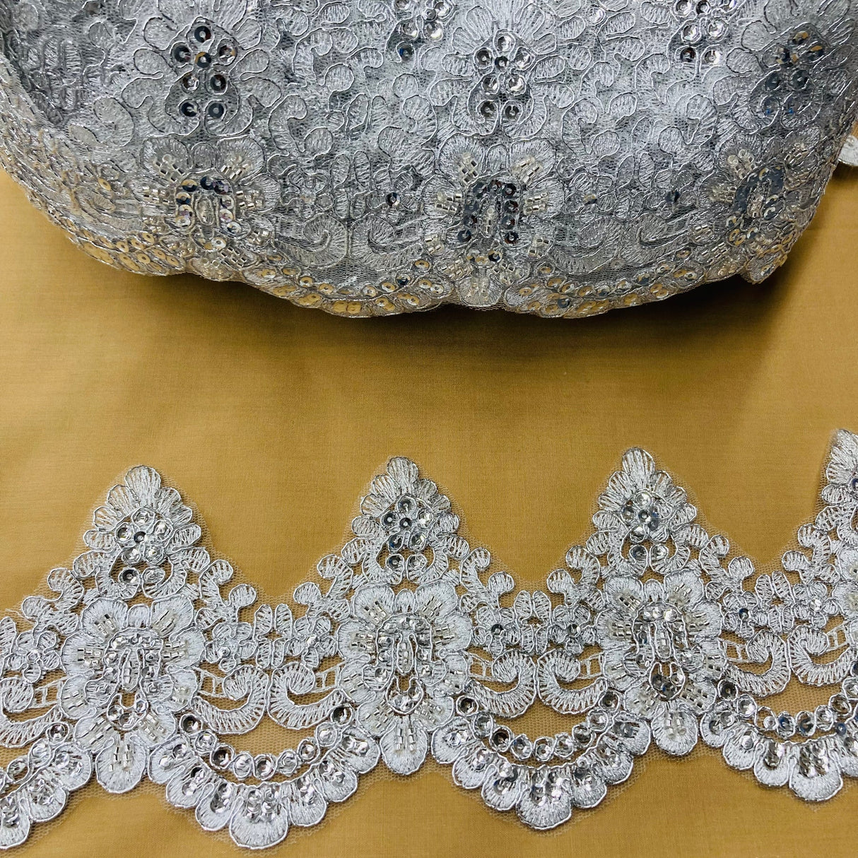 1 Yard Elegant Beaded & Corded Lace Trimming Embroidered on 100% Polyester Net Mesh for Bridal Dresses 4.5 Inch Width