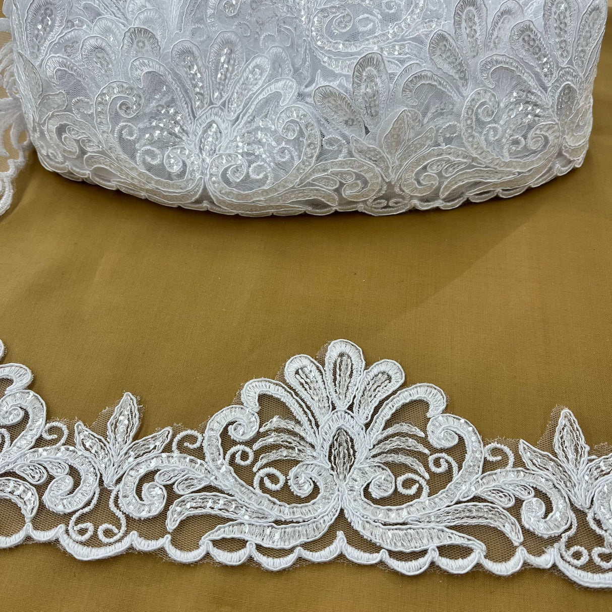 1 Yard Premium Beaded & Corded Floral Lace Trimming on 100% Polyester Net Mesh for Dresses 3.5 Inch Width