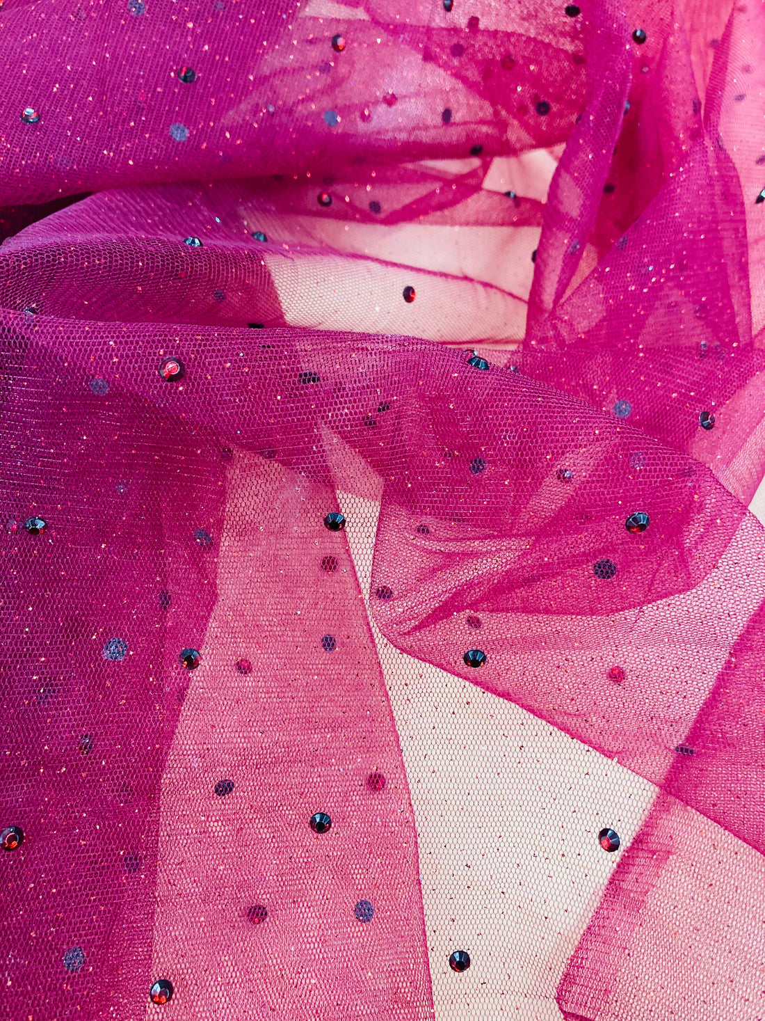 1 Yard High-Quality Glitter Mesh Fabric with Scattered Rhinestones 60" Wide