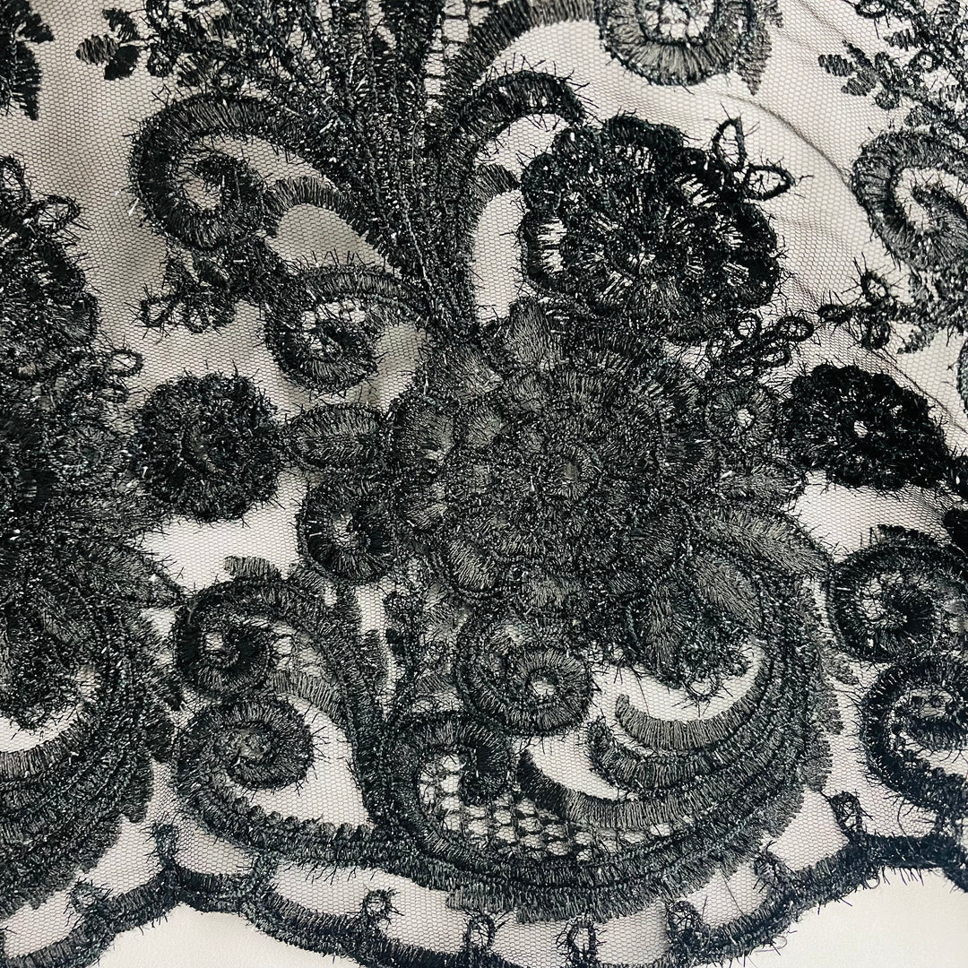 1 Yard Black Beaded Corded Lace Fabric for Couture Bridal Gowns Dance Dresses 56" Width