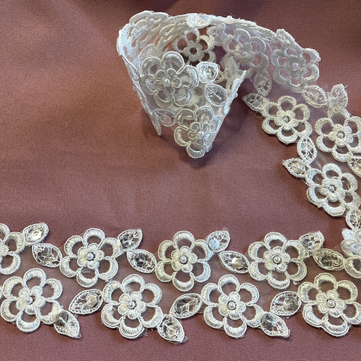 1 Yard Elegant Beaded & Corded Lace Trim, Embroidered 100% Polyester Fabric