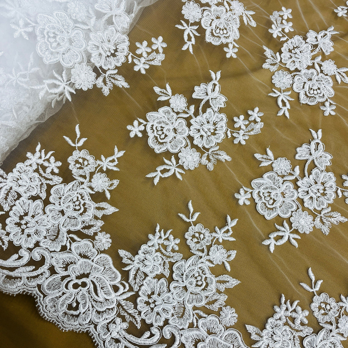 1 Yard Elegant Beaded Corded Lace Trim on Sheer 100% Polyester Organza, Embroidered Floral Design