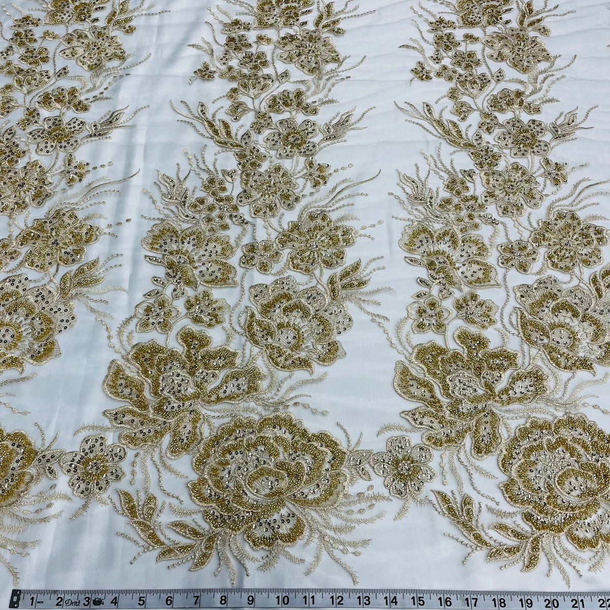 1 Yard Elegant Beaded Lace Fabric with Embroidery on 100% Polyester Net Mesh, GD-67313