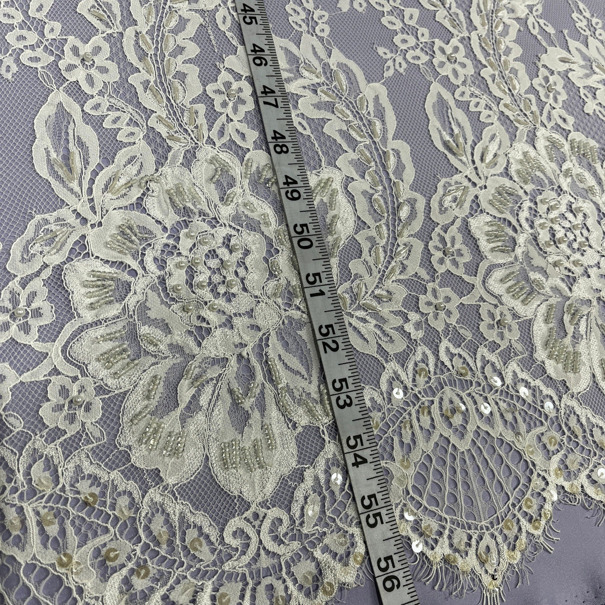 3 Yards Beaded Chantilly Embroidered Lace Fabric with Eyelash Scallop 56" Wide Ivory