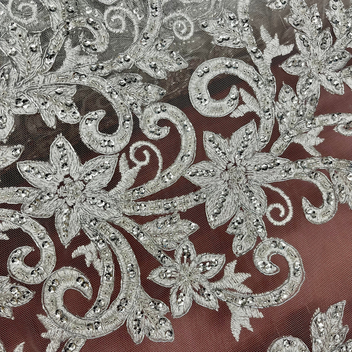 1 Yard Beaded Corded Bridal Lace Fabric, Embroidered on 100% Polyester Net Mesh
