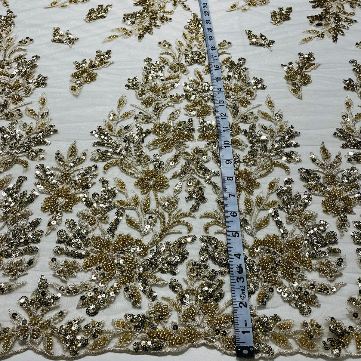 1 Yard Elegant Beaded & Corded Lace Trim on 100% Polyester Mesh, Floral Embroidered Lace Fabric