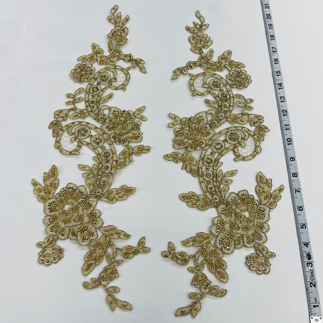 1 Pair 20" x 5.5" Beaded & Corded Floral Lace Applique on 100% Polyester Mesh