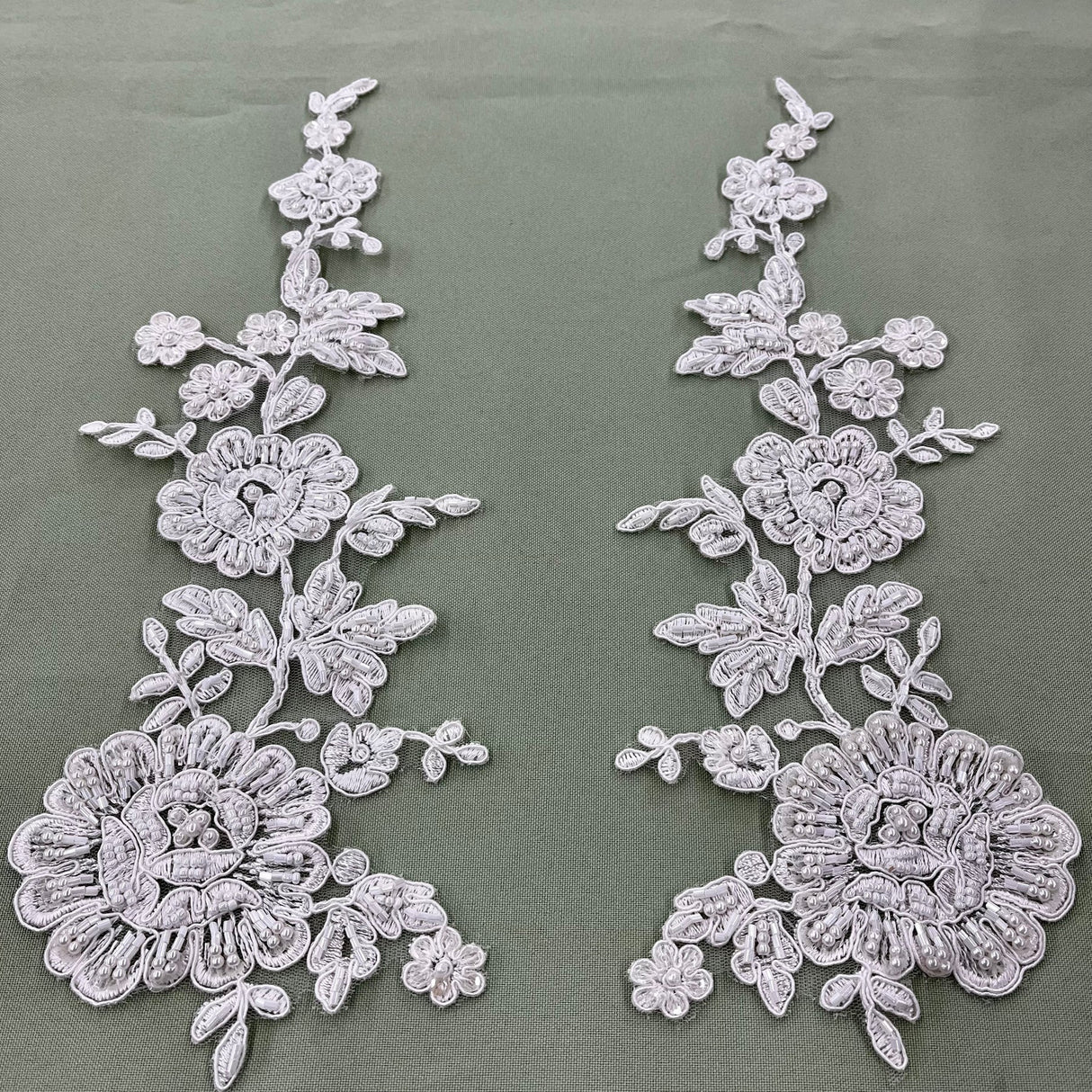 1 Pair 13" x 3.5" Beaded & Corded Floral Lace 100% Polyester Net Mesh