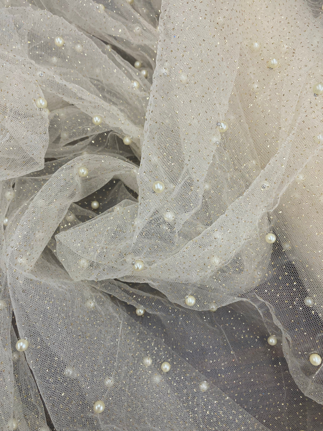 1 Yard Glitter Mesh Fabric with Scattered Pearls | 2 Way Stretch | 60" Wide | Soft Tulle for Gowns, Veils & Couture Projects