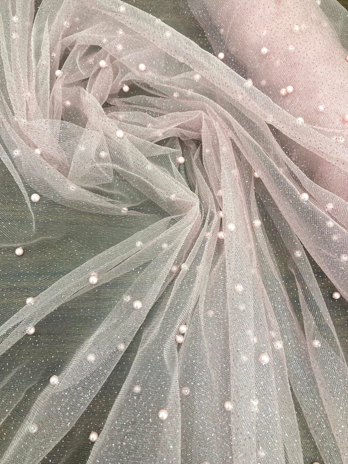 1 Yard Glitter Mesh Fabric with Scattered Pearls | 2 Way Stretch | 60" Wide | Soft Tulle for Gowns, Veils & Couture Projects