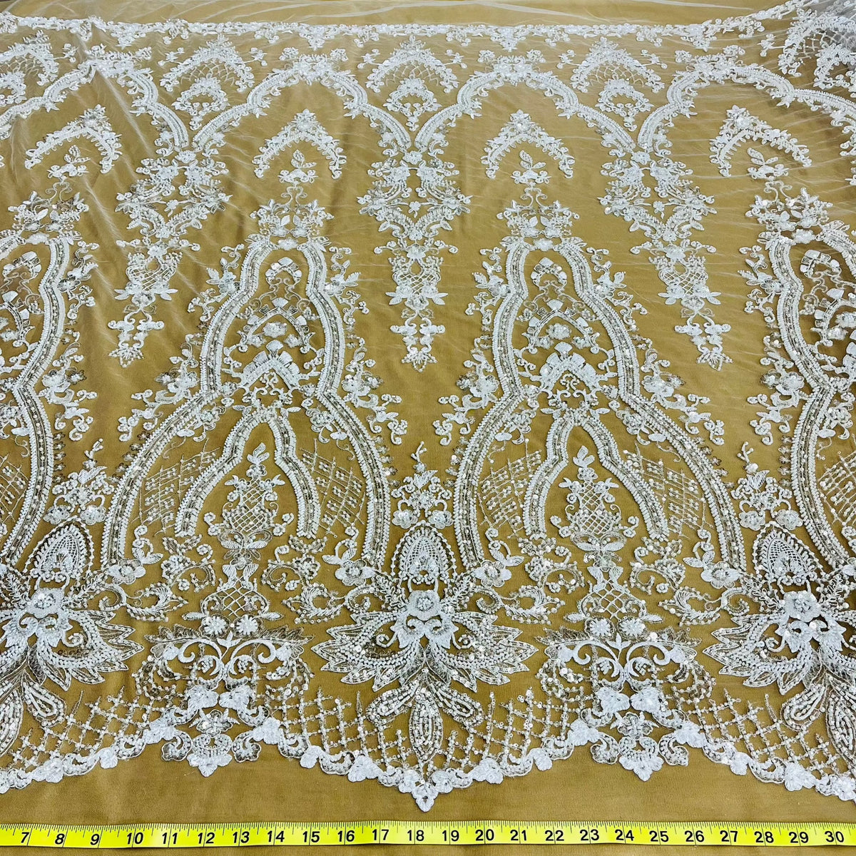 1 Yard Beaded Lace Fabric Embroidered on 100% Polyester Net Mesh, Elegant Sheer Textile