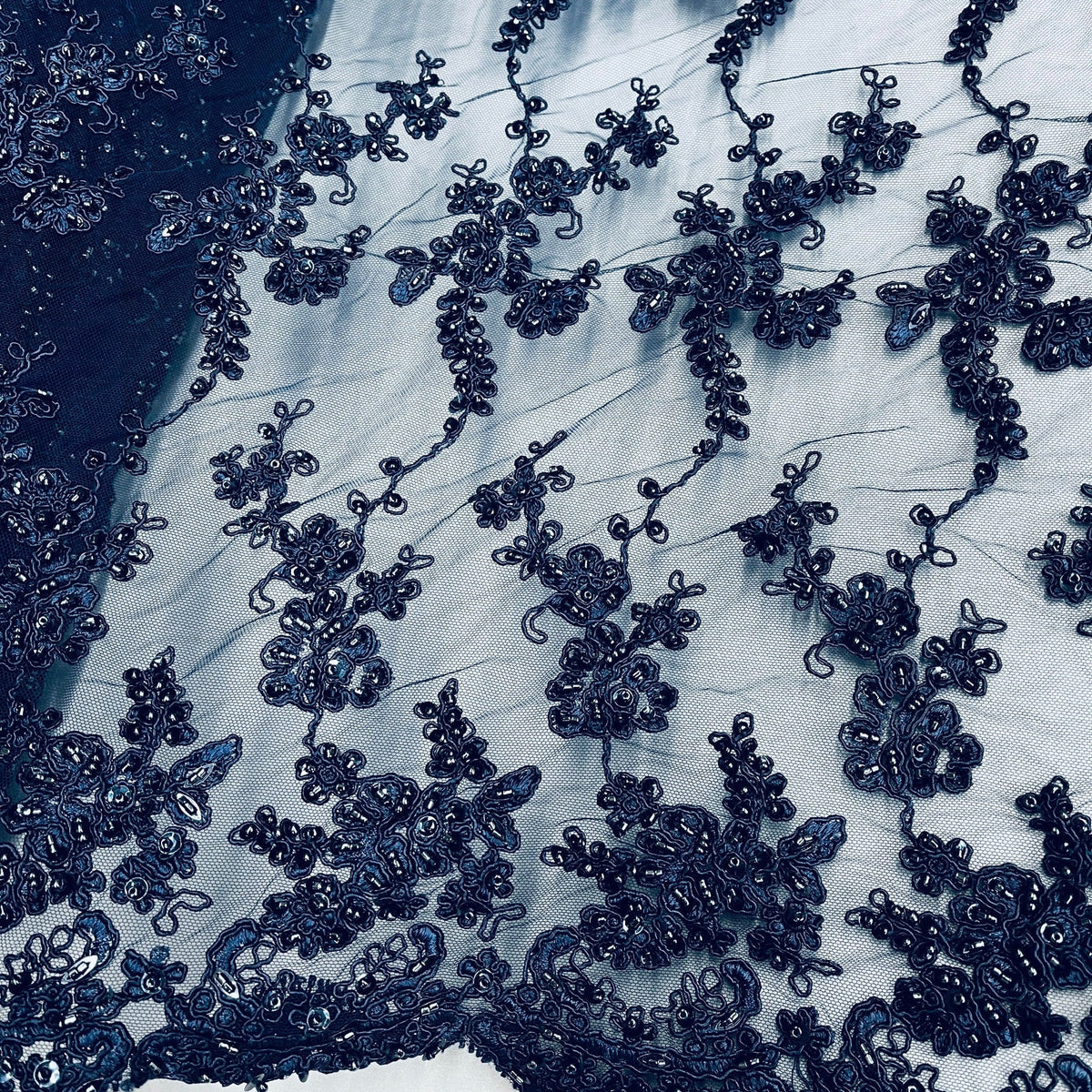 1 Yard Beaded & Corded Lace Fabric Embroidered on 100% Polyester Net Mesh 54" Wide