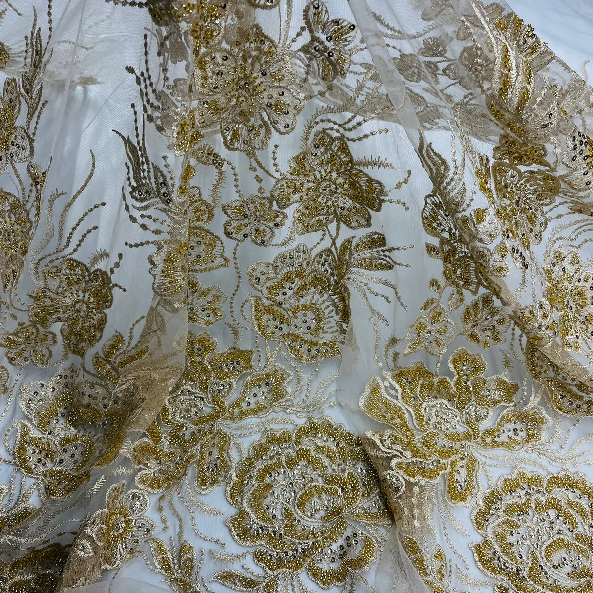 1 Yard Elegant Beaded Lace Fabric with Embroidery on 100% Polyester Net Mesh, GD-67313