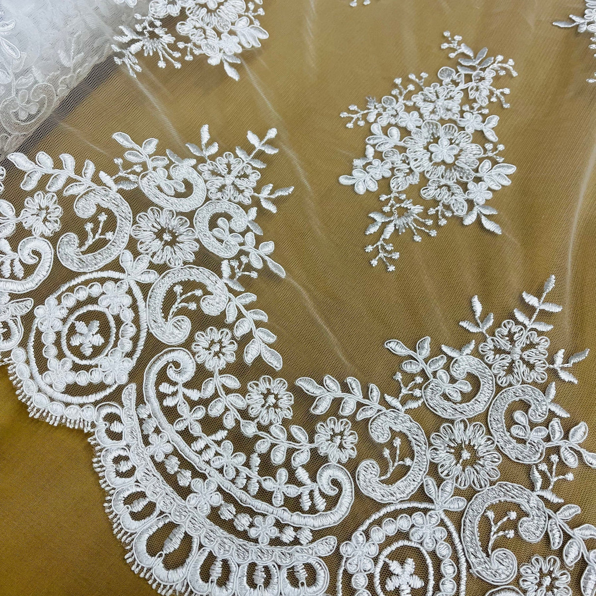 1 Yard White Elegant Corded Bridal Lace Fabric Embroidered on Polyester Net Mesh 56" Width