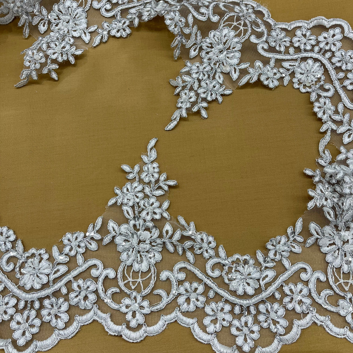 1 Yard Beaded & Corded Floral Lace Trimming on 100% Polyester Net Mesh, Elegant Embroidered Lace Trim