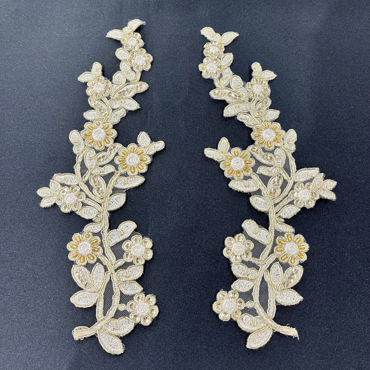 1 Pair Beaded & Corded Floral Lace Applique Embroidered on 100% Polyester Mesh 10" x 3" Each Side