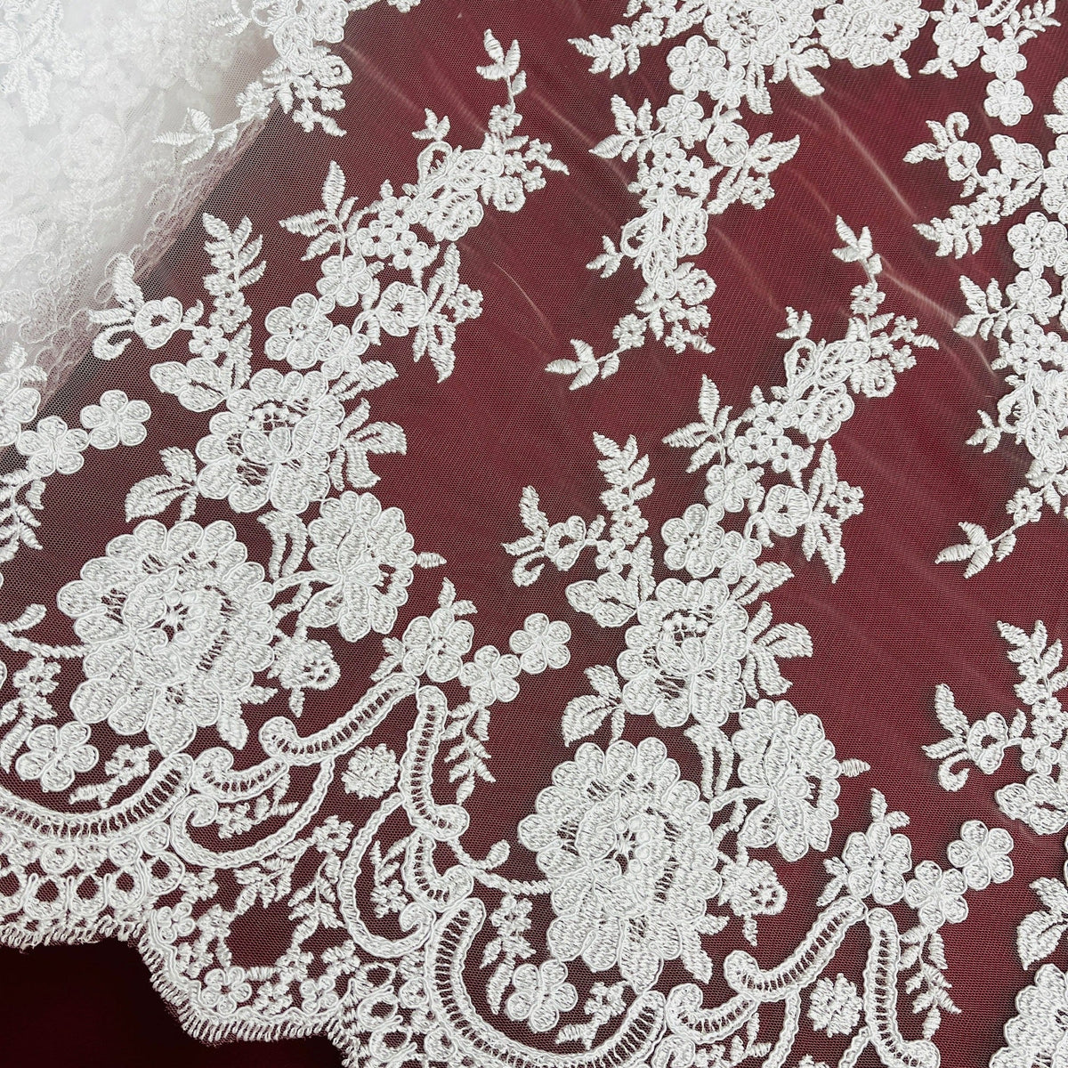 1 Yard Elegant Corded Bridal Lace Fabric on 100% Polyester Mesh, Embroidered Floral Design
