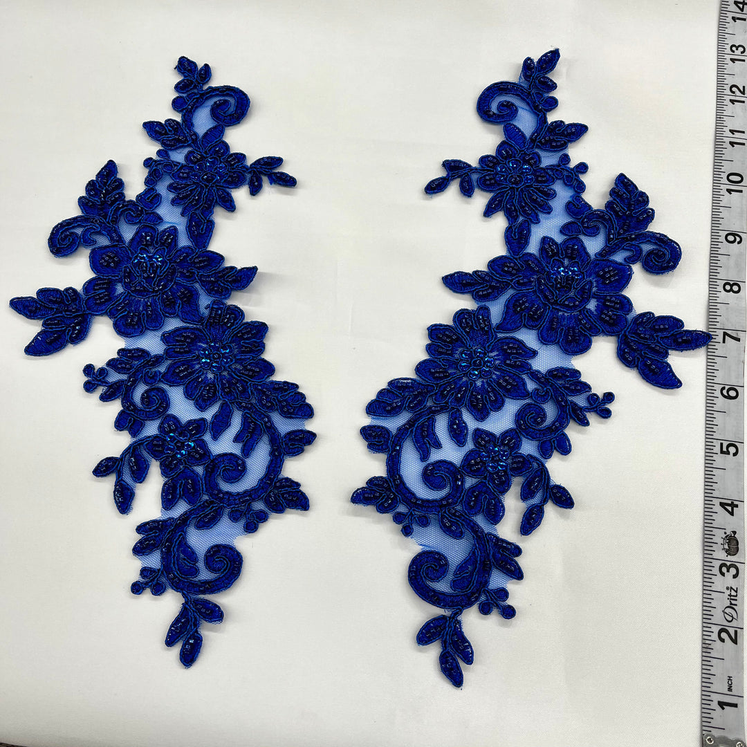 1 Pair Beaded & Corded Floral Lace Applique 100% Polyester Net Mesh 12.5" x 5"