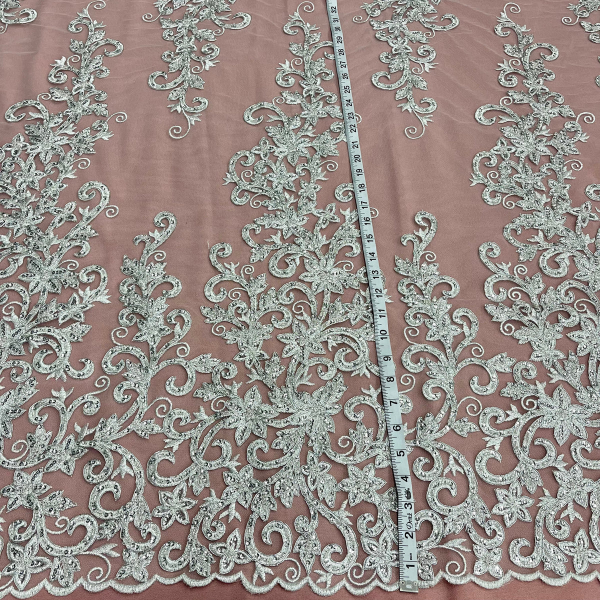 1 Yard Beaded Corded Bridal Lace Fabric, Embroidered on 100% Polyester Net Mesh