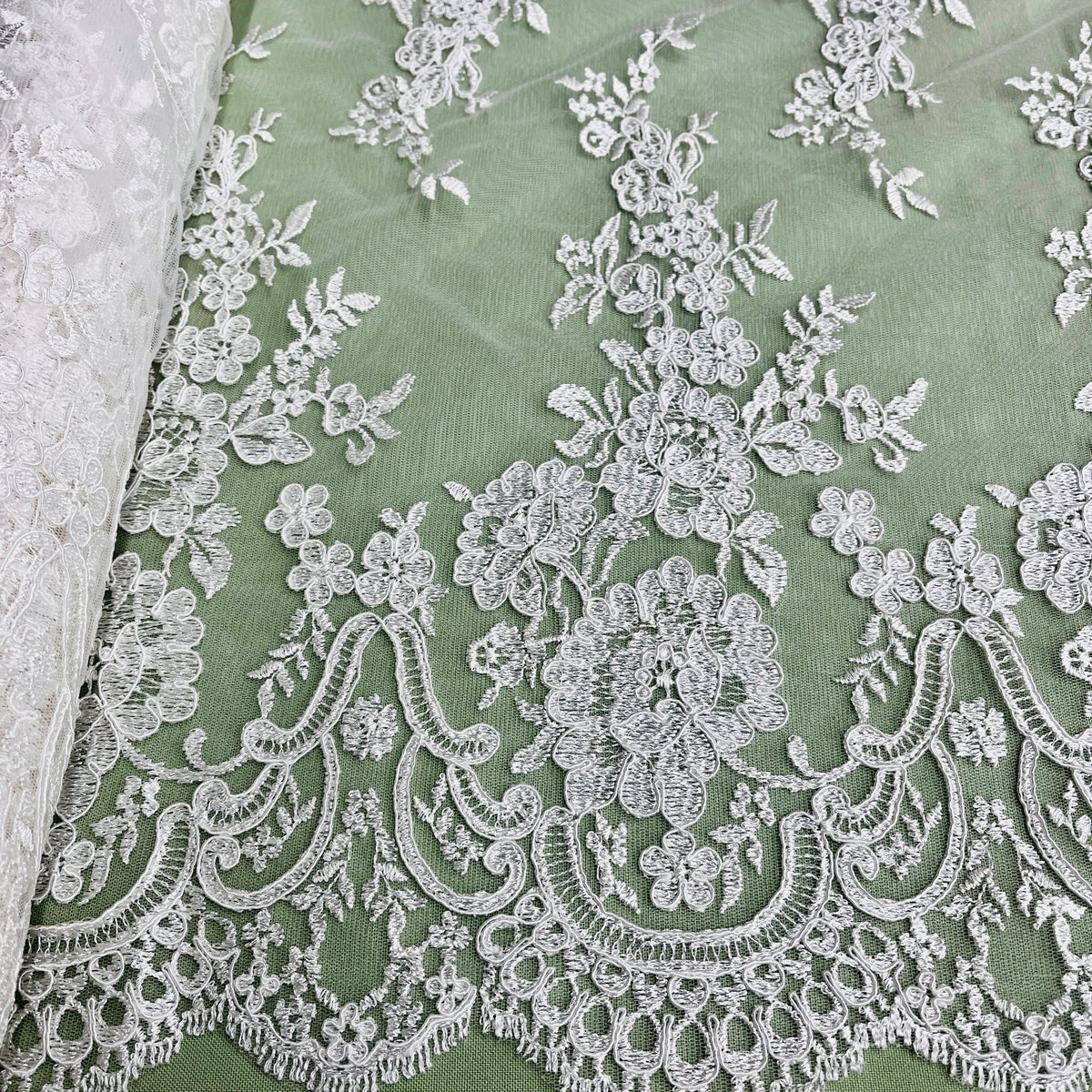 1 Yard Elegant Corded Bridal Lace Fabric on 100% Polyester Mesh, Embroidered Floral Design